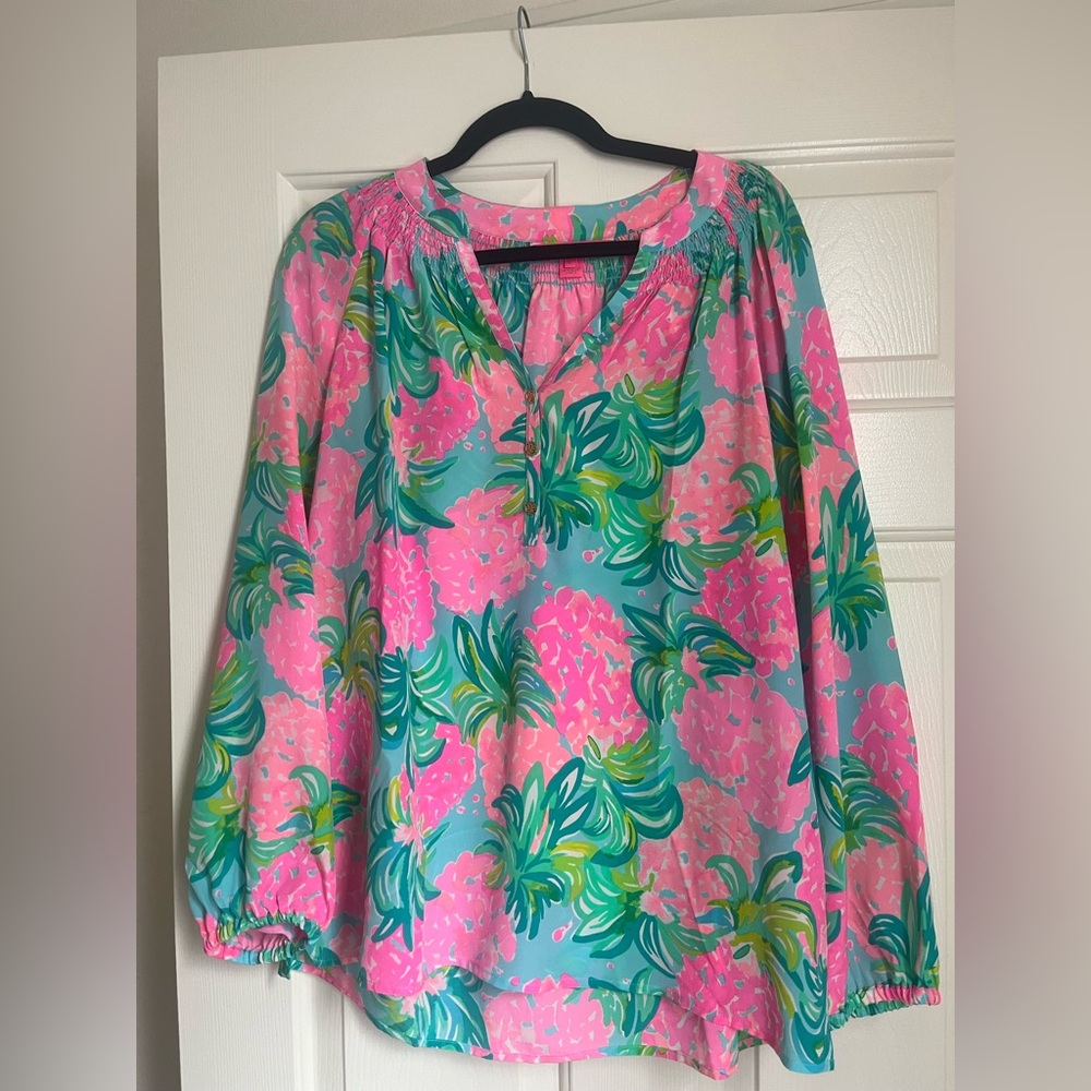 Lilly Pulitzer Elsa 100% Silk Top in Ibiza Pineapple Shake Print
